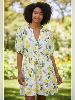 Layered With Love White and Yellow Lemon Print Dress Size L $158